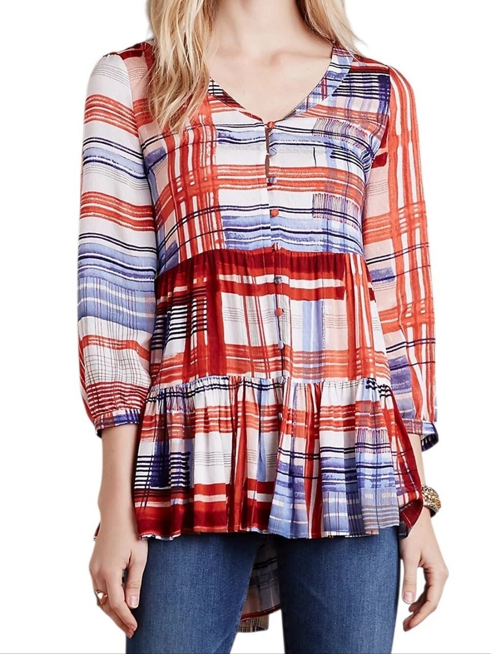 Maeve | Anthropologie Lila Tiered Tunic Blouse Top Red Blue Plaid Patriotic 3/4